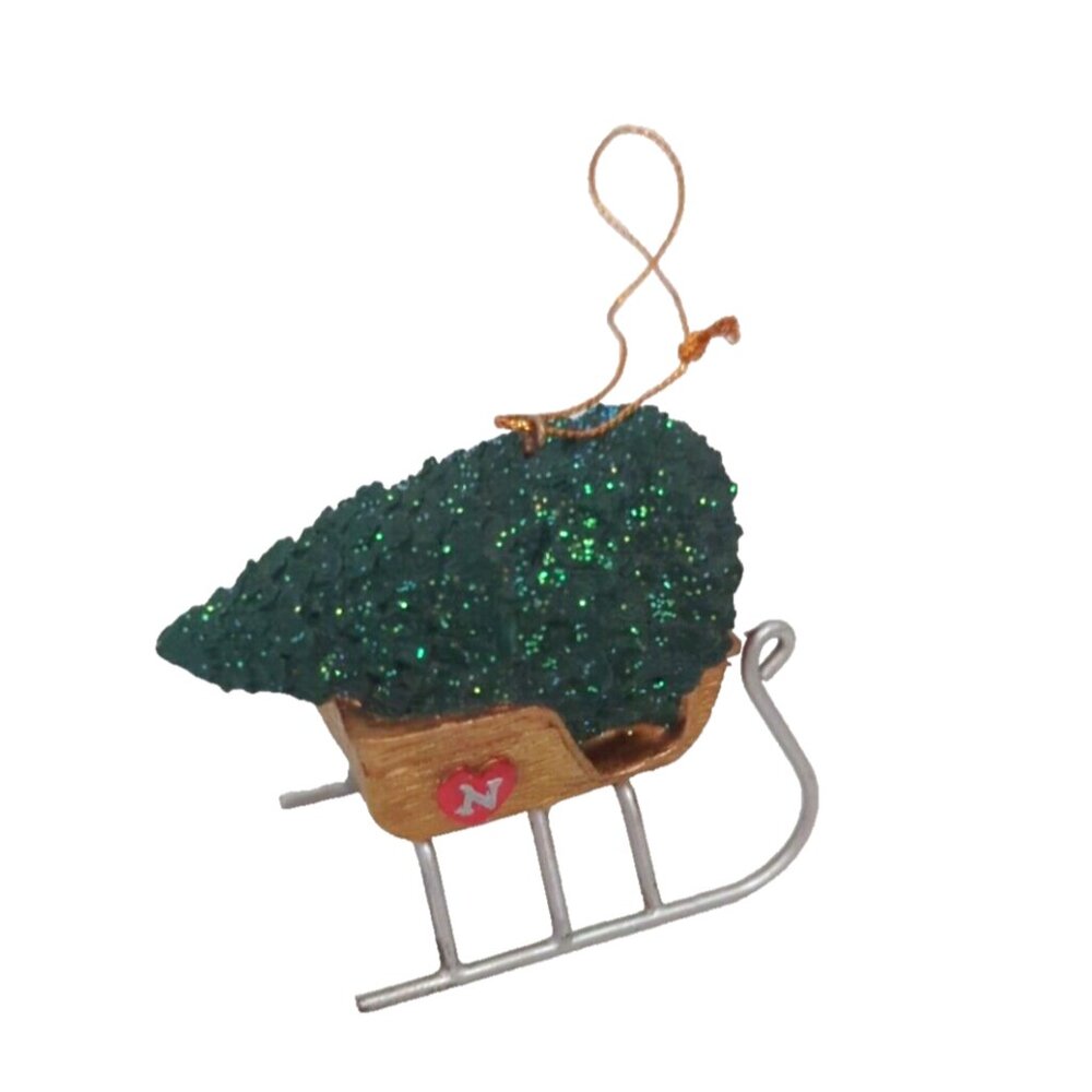 Thomas Kinkade 'Bringing Home the‎ Christmas Tree' Sled Ornament w/ Tree